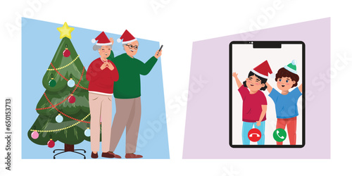Grandparents having video call with their grandchildren and congratulating with Merry Christmas.