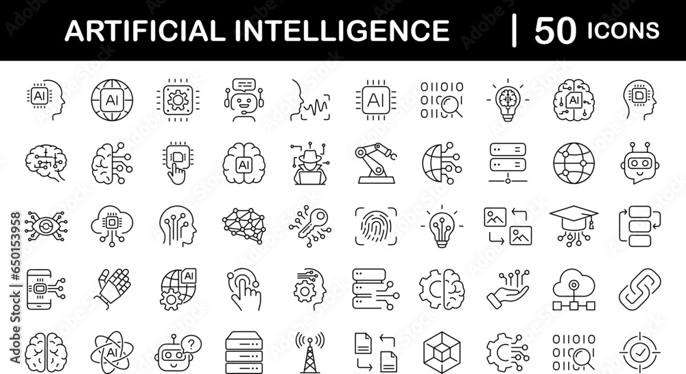 Artificial intelligence set of web icons in line style. AI technology icons for web and mobile app. Machine learning, digital AI technology, algorithm, smart robotic, cloud computing network - obrazy, fototapety, plakaty 