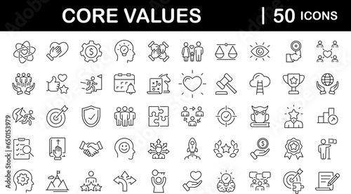 Core value set of web icons in line style. Core values icons for web and mobile app. Performance, innovation, goals, integrity, customer, commitment, quality, teamwork. Vector illustration