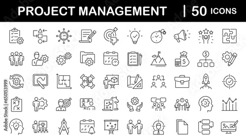 Project management set of web icons in line style. Business or organisation management icons for web and mobile app. Time management, planning, project, startup, marketing. Vector illustration