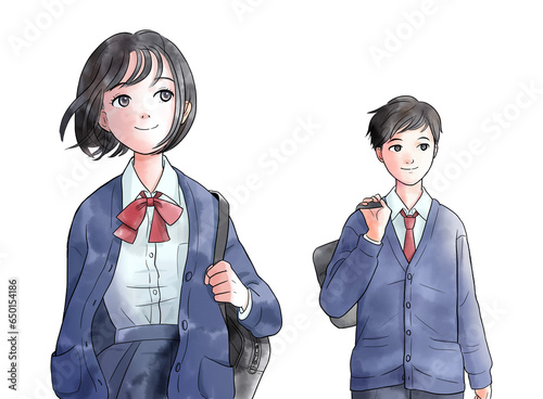 歩く中学生または高校生の水彩風イラスト　紺色系