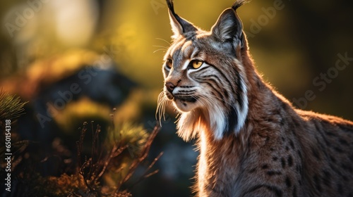 Close-up view of an adult Iberian lynx in a Mediterranean oak forest. World's rarest animal. photo