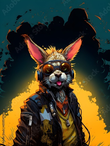 cartoon zombie Rabbit, bad attitude, cyberfunk, rock, cool accessories, cool background