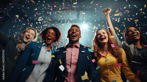 Happy diverse business team celebrating success and having fun all together with confetti falling around them.