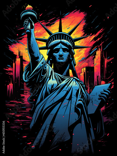 statue of liberty and city background t shirt design for print design