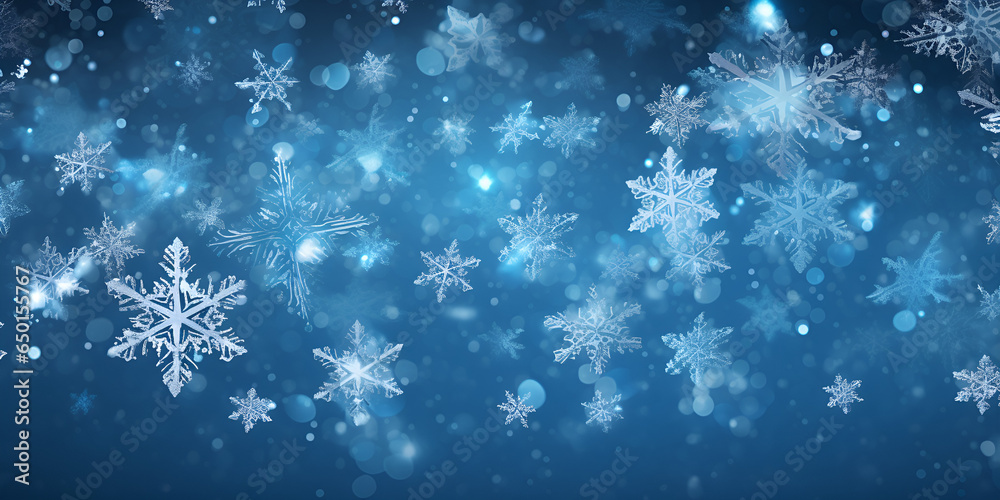 Winter wonderland with falling snowflakes on a blue background generative ai