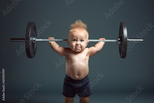 Funny strong baby lifting a heavy barbell.