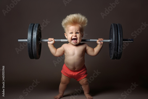 Funny strong baby lifting a heavy barbell over dark background.