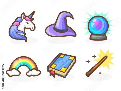 Magic icons for your game app. Bright remarkable UI elements. Good for animation. Unicorn, wizard hat, magic ball, rainbow and others. Vector illustration for your business.
