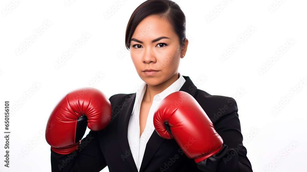 businesswoman wearing boxing glowes