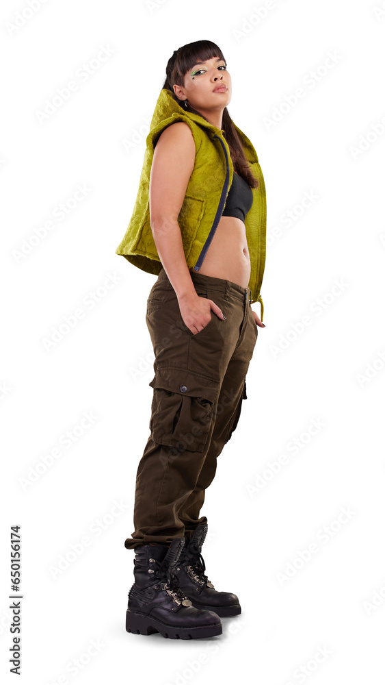 Fashion, portrait and woman with attitude in studio, confident and fierce on png transparent background. Full body, gen z and girl with punk and trendy aesthetic with unique and fashionable outfit