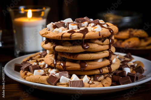 Stack of Chewy S'mores Marshmallow Cookies on a plate. Horizontal, close-up, side view.