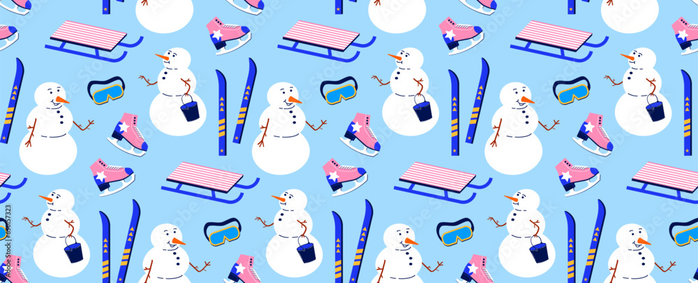 Seamless pattern on the theme of health cures. Vector background with snowman, sleigh and skis. Winter sports holiday. Seamless pattern on the theme of health cures. Vector background with snowman, sleigh and skis. Winter sports holiday.