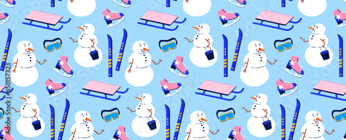 Seamless pattern on the theme of health cures. Vector background with snowman, sleigh and skis. Winter sports holiday.