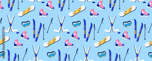 Winter pattern on the theme of winter sports in a flat retro style. Seamless background with skis, skates, snowboard and other elements.