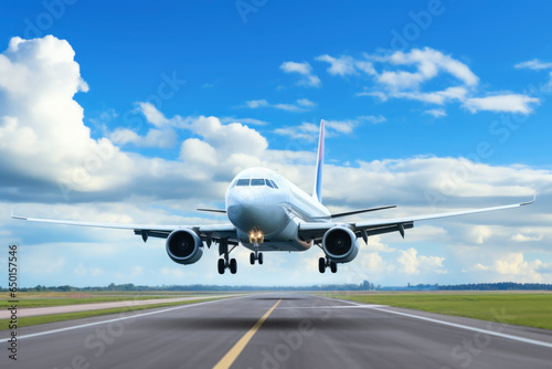 natural lighting of airplane taking off or landing on a runway in beautiful sky and clouds. Travel concept of vacation and holiday.