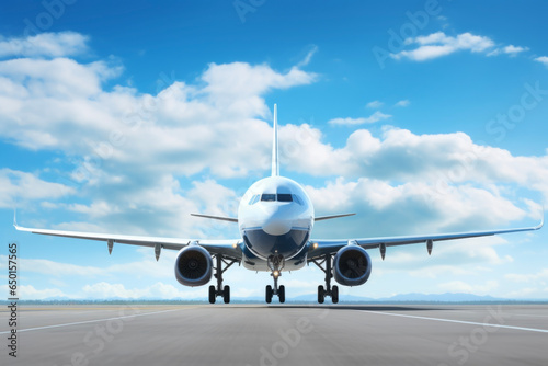 natural lighting of airplane taking off or landing on a runway in beautiful sky and clouds. Travel concept of vacation and holiday.