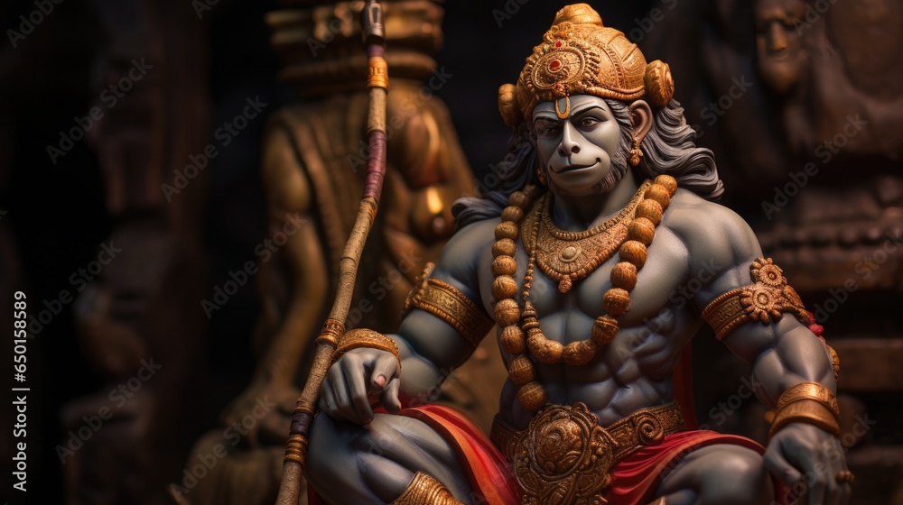 3D illustration of the Indian god Hanuman with a floral background surrounding it.