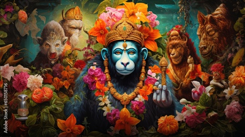 3D illustration of the Indian god Hanuman with a floral background surrounding it.