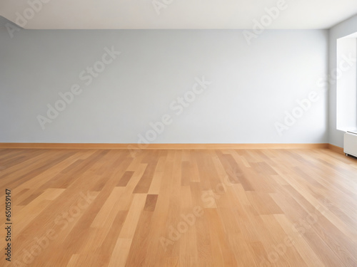 Empty gray wall room with wooden floor. Modern room for product display