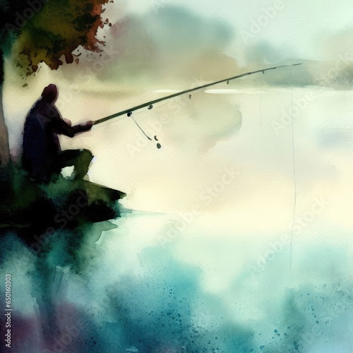 Angler sits fishing on the bank of a quiet lake. Watercolor illustration.