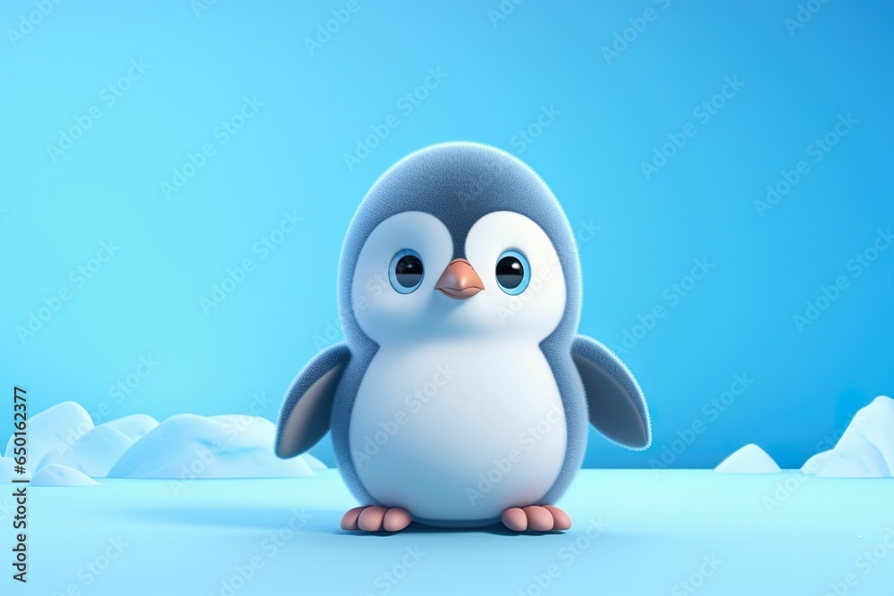 3D effect of cartoon little penguin on blue background, cute penguin baby background, simple penguin baby wallpaper, kindergarten, children's room wallpaper and hanging painting