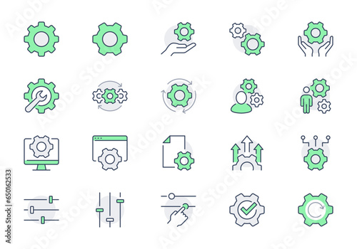 Settings line icons. Vector illustration include icon - cogwheel, repair, spanner, config, automation process, service, outline pictogram for system maintenance. Green Color, Editable Stroke