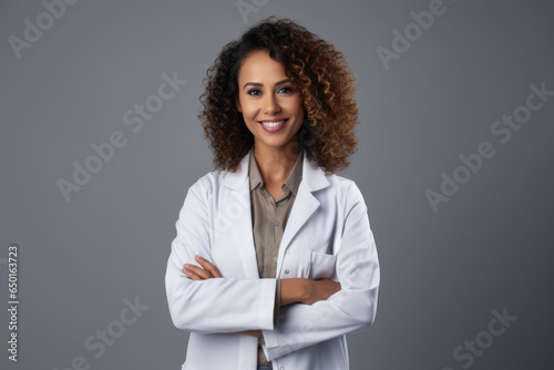 beautiful smilling latin female doctor with crossed hands isolated on grey white background. healthcare concept in covid virus outbreak