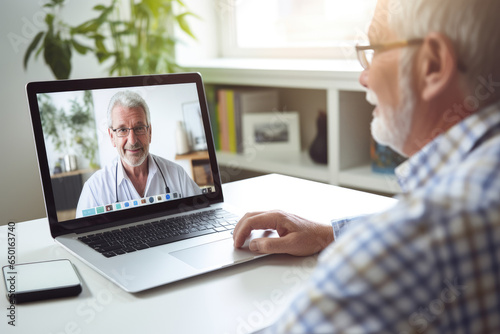 computer screen with confident happy male family doctor general practitioner consulting giving advices to older mature worried man patient with coronavirus symptoms online via video call