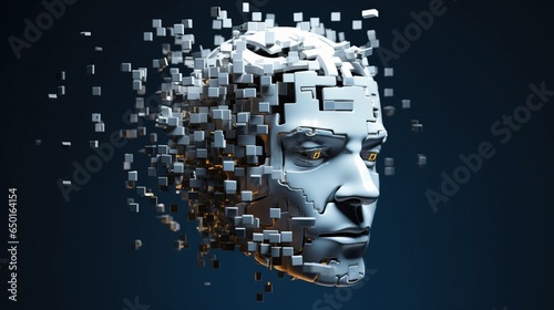 Artificial intelligence. Scattering head profile of a chrome-plated robot, dark blue background. AI generated.