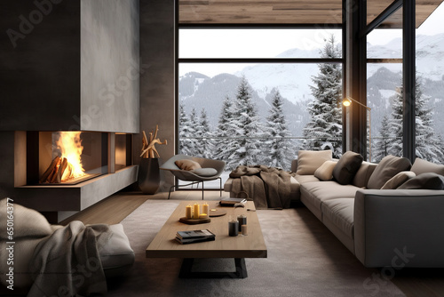Cozy modern winter living room interior with a modern fireplace in a chalet © arhendrix