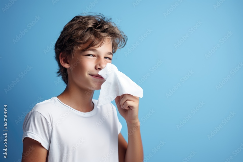happy smiling teenage boy with paper napkins, who has recovered from a cold, flu or covid on blue background