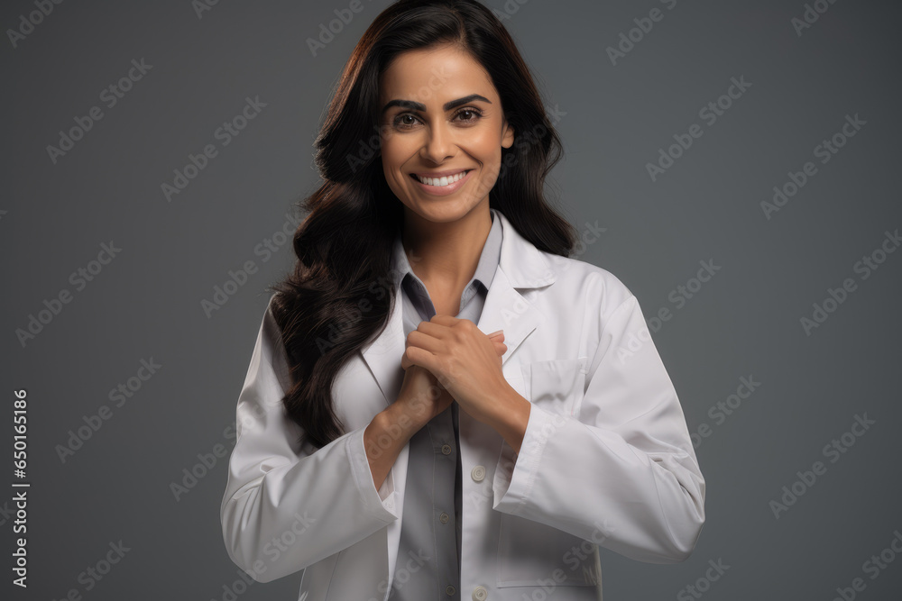 latin female doctor with folded hands isolated on grey white background. healthcare concept in covid virus outbreak. prevention and protection pirola strain latin female doctor with folded hands isolated on grey white background. healthcare concept in covid virus outbreak. prevention and protection pirola strain