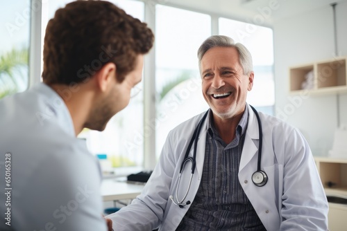 smilling man doctor consulting patient in hospital. Professional modern healthcare concept