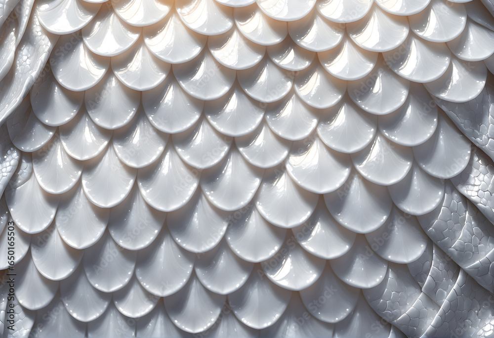 white dragon scale texture background image. Close-up 3D fantasy image of white dragon scales pattern with blank space for use in graphics. - obrazy, fototapety, plakaty 