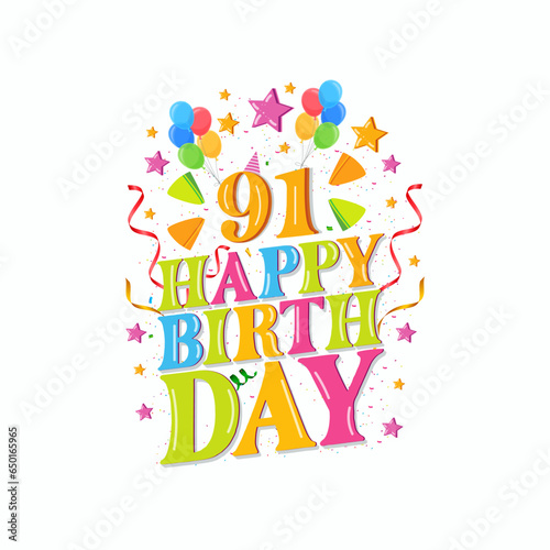 Photography 91 years happy birthday logo with balloons, vector illustration 91st Birthday Ce