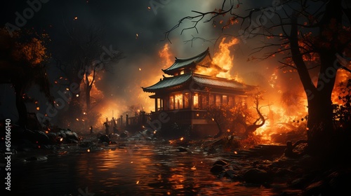 Burning vintage Japanese house, Generative AI