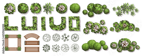 Trees and benches for architectural floor plans. Entourage design. Various trees, bushes, and shrubs, top view for the landscape design plan. Vector illustration.