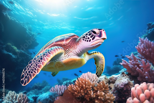 Sea turtle close-up over a coral reef in the Maldives. Travel and vacation background. © arhendrix