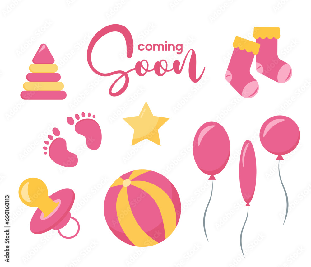 Decorative elements for baby shower design. Gender reveal party card, banner, vector element design. It's a girl gender reveal set