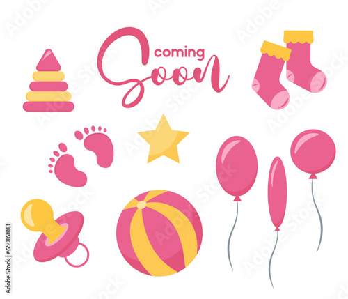 Decorative elements for baby shower design. Gender reveal party card, banner, vector element design. It's a girl gender reveal set
