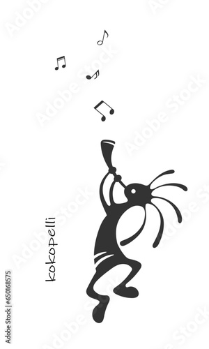 Kokopelli fertility deity vector illustration. Tribal black aztec symbol tattoo. Black Kokopelli with flute isolated on white.