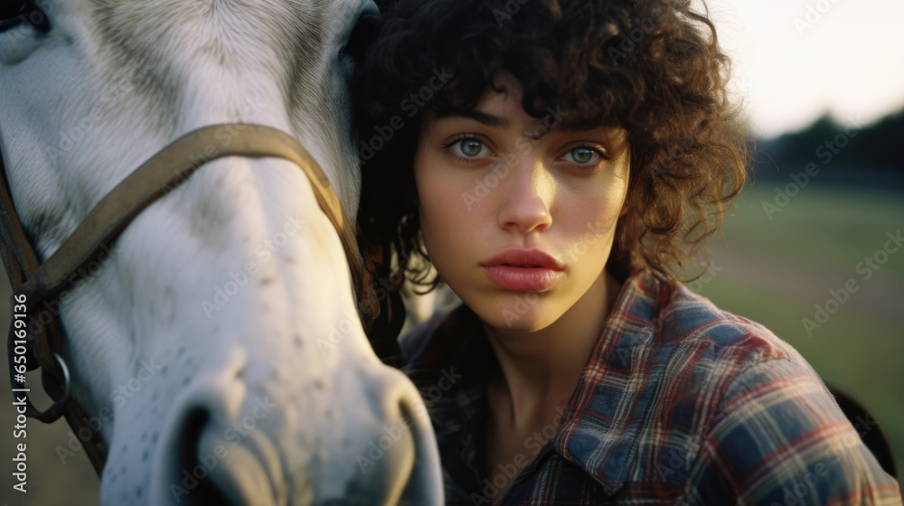 Rural farm girl with pouty red lips adorable natural curly wild hair