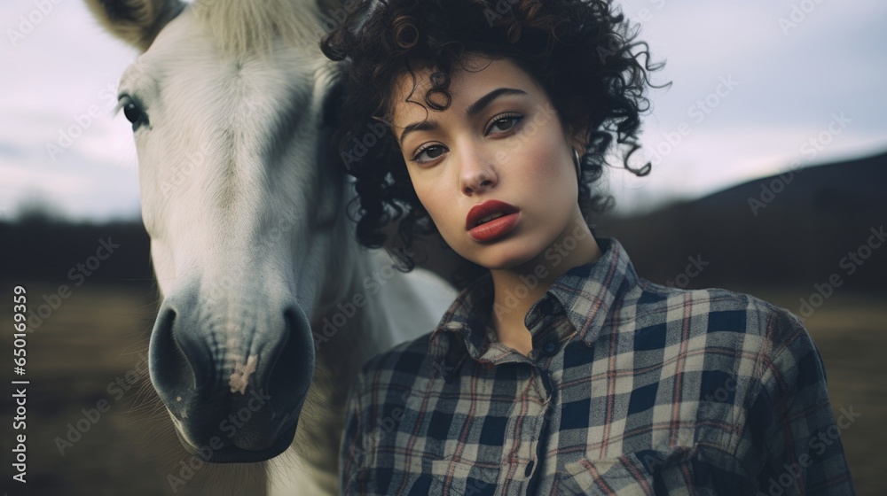 Rural farm girl with pouty red lips adorable natural curly wild hair