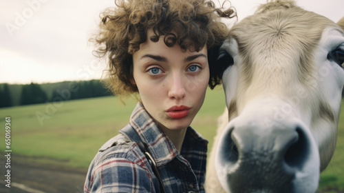 Rural farm girl with pouty red lips adorable natural curly wild hair, posing for selfie type shot next to her beloved cow, natural beauty with thick eyebrows, pretty face and chic flannel shirt.  photo