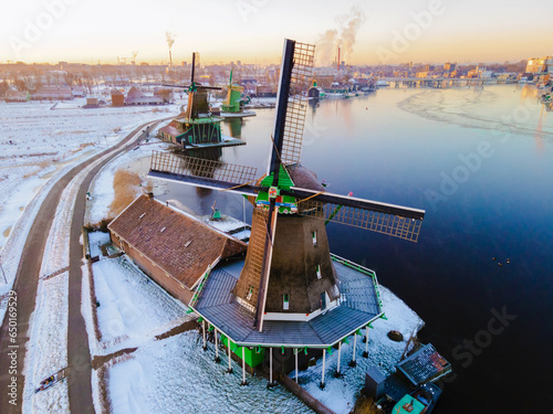 Canvas Print Zaanse Schans Netherlands a Dutch windmill village during sunset whit wooden hou