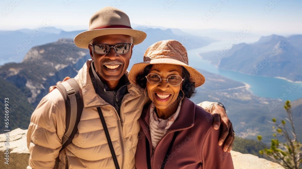 Joyful elderly black couple in the mountains, equipped for their adventure. Generative ai.