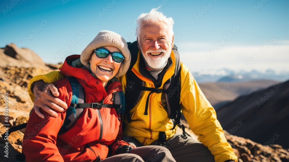 European senior tourist couple, captivated by the stunning mountain vistas. Embracing the majestic mountain scenery together. Generative ai.