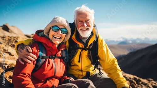 European senior tourist couple, captivated by the stunning mountain vistas. Embracing the majestic mountain scenery together. Generative ai.