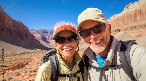 European senior tourist couple, immersed in the beauty of picturesque desert canyons, mountains, and the sky. Exploring the desert wonders together. Generative ai.